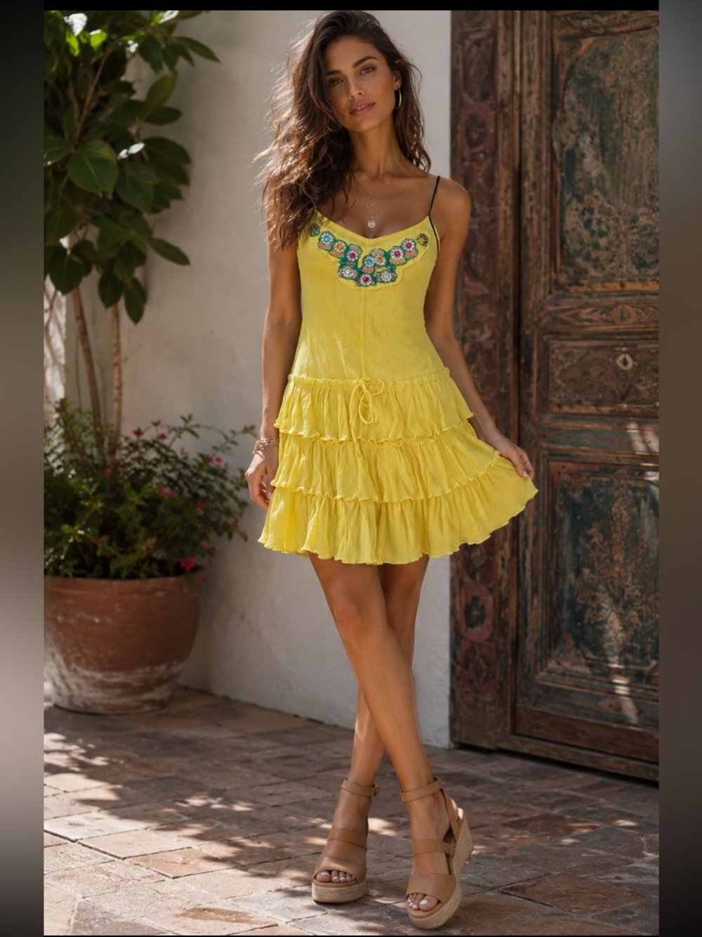 Free People Silk Yellow Tiered Mini Dress with Embellished Neckline